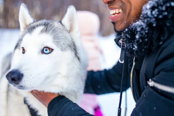 Gemengde ras man knuffelen zijn hond husky in de winter bos park close-up — Stockfoto