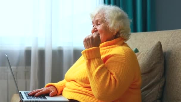 Ældre gråhårede kvinde ser væk sidder i stuen – Stock-video