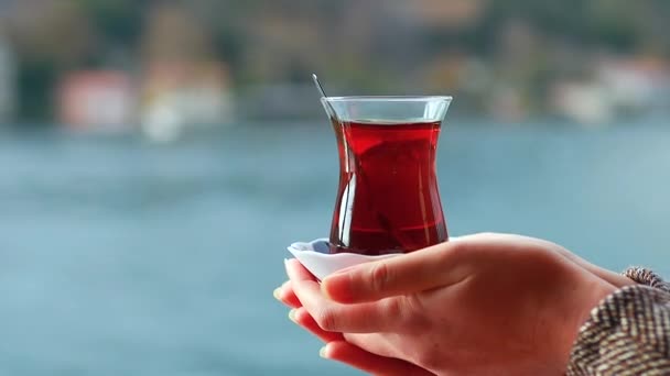 Turecký čaj vpředu, Bosphorus Bay v pozadí — Stock video
