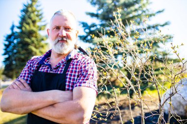 Güneşli bir günde bahçesinde gri sakallı ve saçları olan yaşlı beyaz bir adam.