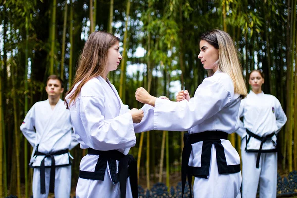 Mensen high kicks tijdens de opleiding van taekwondo buiten bamboe achtergrond. — Stockfoto