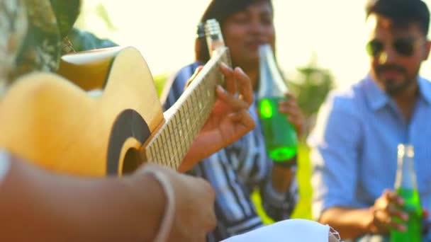 Indische Studenten essen im Park von Delhi im Freien und spielen auf der Gitarre, singen und tanzen — Stockvideo