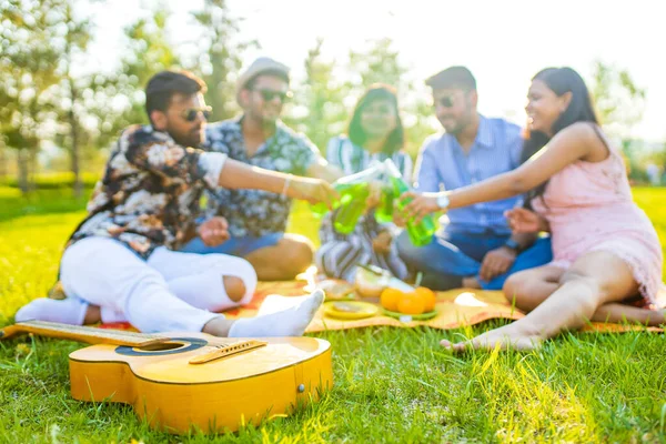 Gruppo di quattro migliori amici nel parco a fare picnic in una serata di sole — Foto Stock