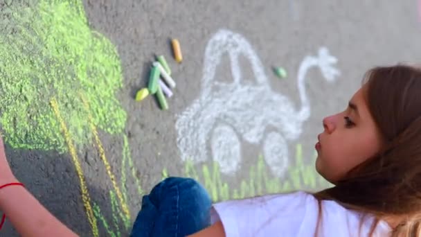 Petite fille avec un passe-temps artisanal créatif dessinant électro sur l'asphalte avec un environnement de voiture à la craie, respectueux de l'environnement, économiser de l'énergie dans le parc le jour d'été — Video