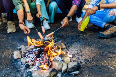 Beş mutlu melez arkadaş kamp ateşinin yanındaki ormanda sosis kızartıyorlar.