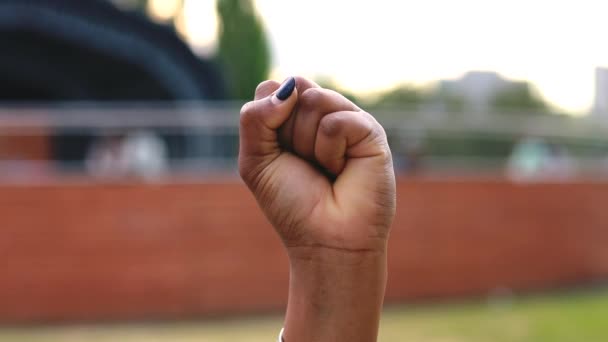 Afro protestor with her fist raised up in the air in park — Stok Video