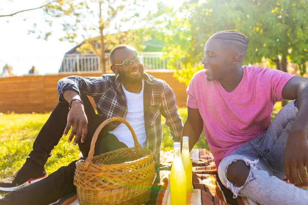 两个最好的混血种族朋友在室外的夏季公园野餐 — 图库照片