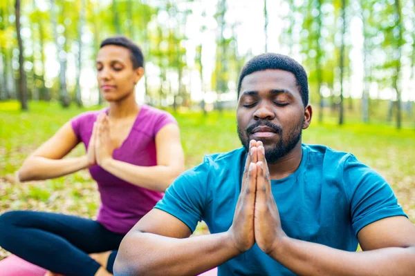 An attractive young woman and man doing yoga in green forest — Stock Photo, Image