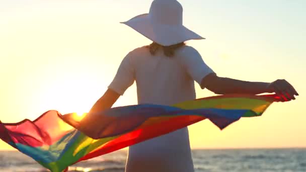 Mulher acenando com bandeira do arco-íris e chapéu na praia do mar ao pôr do sol — Vídeo de Stock