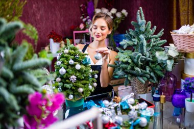 Küçük işletme sahibi küçük dekoratif ağaç stüdyosunu düzenliyor.