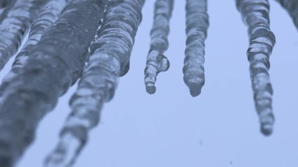 Icicles pendurados em um inverno telhado dia russo — Vídeo de Stock