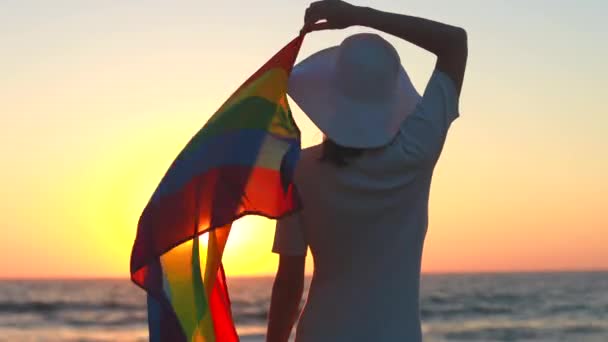 Zadní pohled na ženu v bílých šatech a klobouku držící gay pýchu vlajku při západu slunce na pláži — Stock video