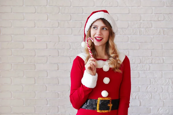 Beautiful Smiling Young Woman Wearing Sexy Santa Claus Suit Christmas — Stock Photo, Image