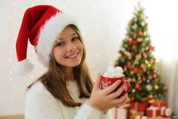 스웨터를 마시멜로를 카카오 크리스마스 선물들이 축제의 라이트가 있습니다 — 스톡 사진