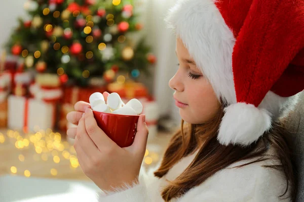 Young Girl Wearing White Fluffy Sweater Holding Cup Cacao Bunch Royalty Free Stock Images