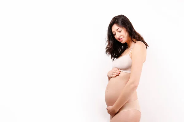 Pregnant Woman Wearing Supportive Seamless Maternity Bra Body Color Bottoms — Stock Photo, Image