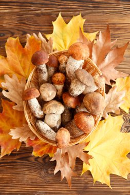 Tahta desenli masa üzerinde küçük hasır sepetin içinde porcini mantarları. Metin için boşluk kopyala, kapat, üst görünüm, arkaplan.