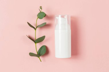 Dispanser kapaklı tek plastik şişe ve metin veya logo için boş etiketli, izole edilmiş pembe arka plan. Okaliptüs yapraklarını dekor olarak kullanır. Kapat, boşluğu kopyala, üst görünüm.