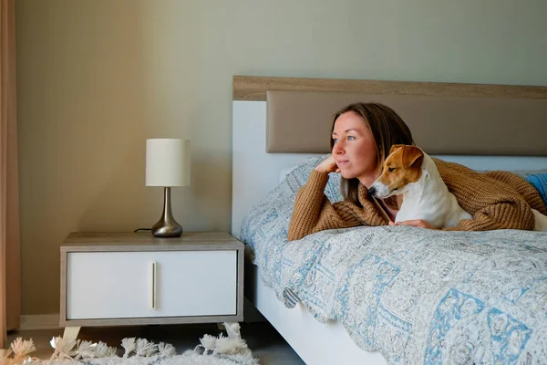 年轻美丽的嬉皮士女人和她可爱的杰克鲁塞尔小狗躺在床上的画像 梦中的女孩和她的狗在窗口欣赏风景 复制空间 — 图库照片