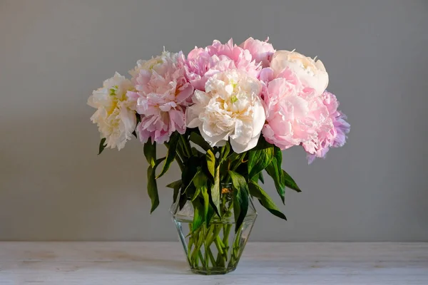 Stúdió Lövés Gyönyörű Bazsarózsa Virágok Üveg Váza Egy Asztalra Szürke — Stock Fotó
