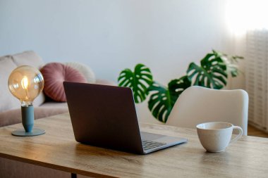 Blog yazarının yaratıcı çalışma alanı. Beyaz duvarları ve yerde canavar palmiyesi olan çatı katı ofisindeki ahşap masadaki dizüstü bilgisayar. Tasarımcının masa konsepti. Kapat, kopyala boşluk, arkaplan