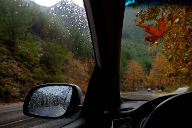 Arabanın camında yağmur damlaları olan penceresinden bir manzara. Yağmurdan sonra sırılsıklam olmuş yeni asfalt yollar. Ağaçlarda sarı ve kırmızı yapraklar olan sonbahar arkaplanı. Kapat, metin için boşluk kopyala.