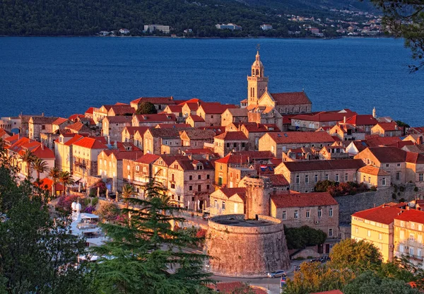 Stare Chorwackie Miasto Korcula Zachodzie Słońca — Zdjęcie stockowe