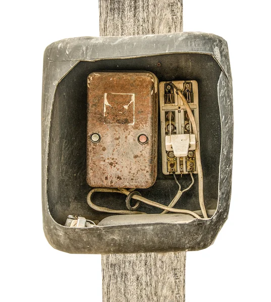 Old breaker box  and cut out on wood isolated on white backgroun — Stock Photo, Image