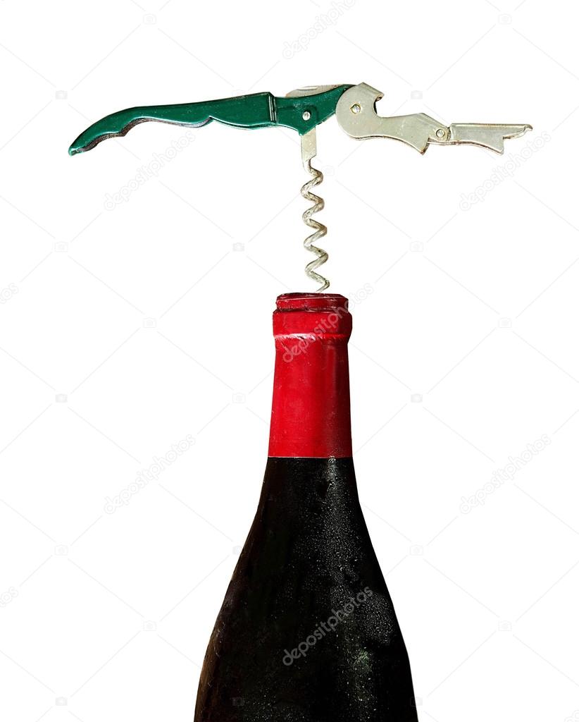 Red wine bottle with opener isolated on white background