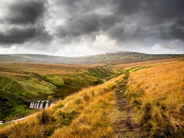 Little Where 'e doğru bir şelaleyle birlikte açık bozkırın manzarası. Yorkshire Dales Ulusal Parkı