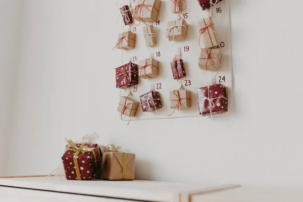 Christmas Advent Calendar Hanging Wall Wrapped Gifts Children Seasonal Tradition — Stock Photo, Image