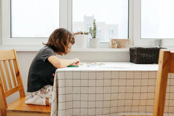 Cute Five Years Girl Learning Maths Home Education Distance Learning — Stock Photo, Image