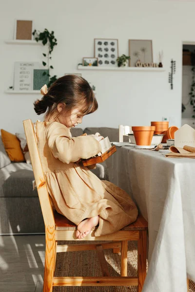 6 years old girl planting herbs at home — Stock Photo, Image