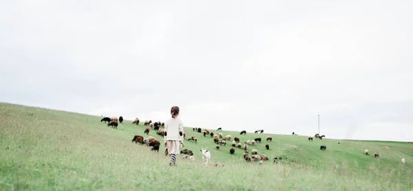 Νεαρή κοπέλα στους καταπράσινους λόφους της φάρμας — Φωτογραφία Αρχείου
