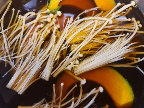 Enoki Mushrooms Sliced Pumpkins Black Shabu Soup — Stock Photo, Image