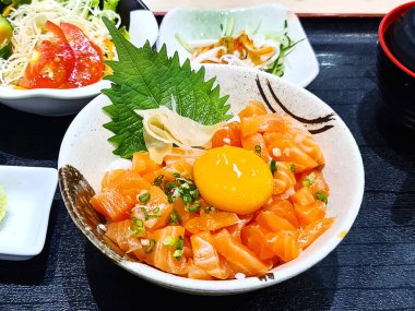 Bir kase dilimlenmiş Japon somon balığı ve pilav.