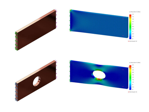 3D рендеринг конечного элемента Анализ плиты с отверстием, имеющим более высокое напряжение в результате разрыва