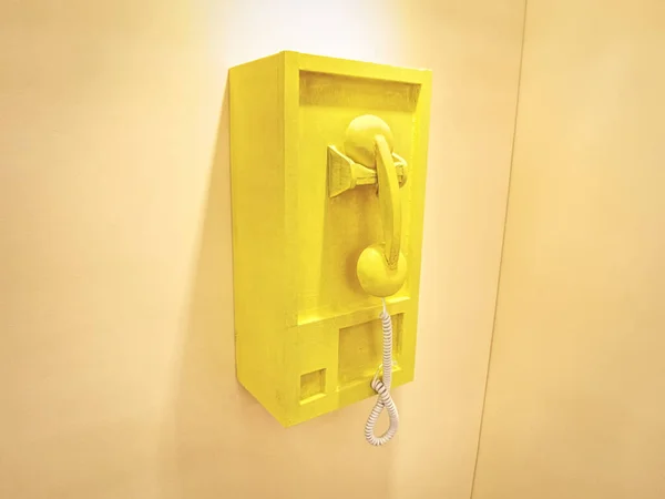 Retro Style Wooden Telephone Concept Box Mounted Yellow Wall — 스톡 사진