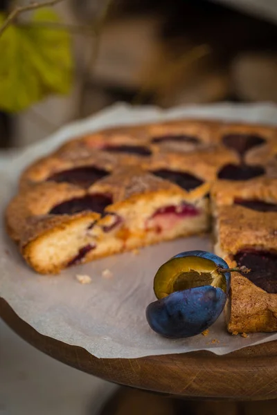 Traditional homemade plum cake or pie, close up