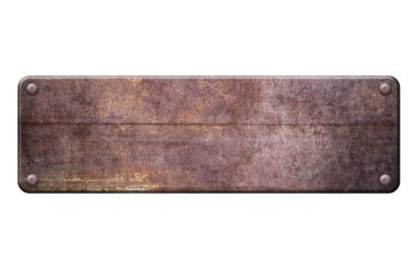 Beyaz arka planda perçin kaplı paslı metal plaka 3 boyutlu illüstrasyon