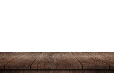 Ürün montajı için beyaz arkaplanda boş tahta masa izole edildi. 3d illüstrasyon 