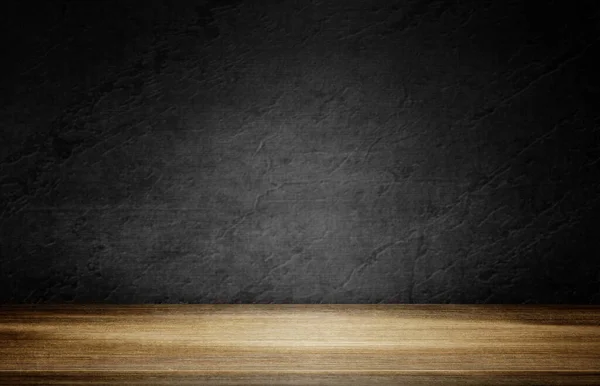 製品のモンタージュの暗い部屋の背景に黒い壁に木製のテーブル 3Dイラスト — ストック写真