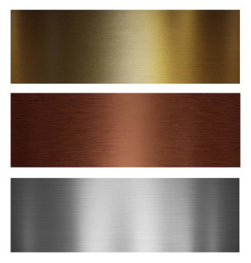Silver, gold and bronze metal high quality plates. Set of brushed metal textures clipart