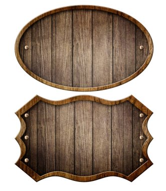 Beyaz arka planda izole edilmiş eski ahşap tabelalar.