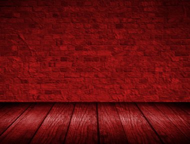 İçi eski ahşap zemin ve taş duvarlarla dolu kırmızı oda. 3d illüstrasyon