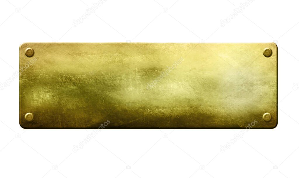 Gold metal plate with rivets on white background.  Old texture with space for your text 3D illustration 