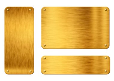 Perçinli altın metal plakalar arka planda izole edilmiş beyaz. Metnin için yer olan parlak dokular. 3B illüstrasyon