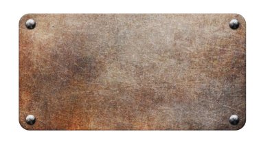 Yuvarlak köşeleri ve beyaz arka planda izole edilmiş perçin perçinleri olan eski bir bronz plaka. 3d illüstrasyon
