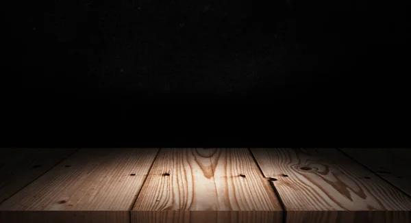 木製のテーブルと黒の壁 製品表示のための背景と空の木製の床スペース 3Dイラスト — ストック写真
