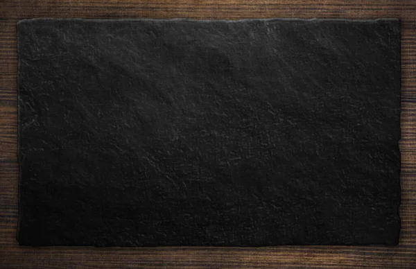 Empty Stone Black Plate Wooden Plank Background Texture Surface Illustration — Stock fotografie